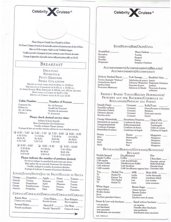 Celebrity Reflection Room Service Menus Celebrity Reflection Room Service Menus
